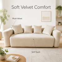 Canapé minimaliste beige en velours inclinable, garni d'éponge, compressible sous vide, avec coussins décoratifs pour la maison, l'hôtel, l'appartement