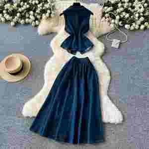 Ensemble d'été pour femmes : Tunique sans manches style romain et jupe plissée en jean taille haute – Vente en gros - Product Image 3