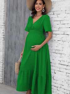 En stock: Vestido maxi <span class=keywords><strong>de</strong></span> maternidad con cuello en U, manga corta con volantes, liso, espalda fruncida, cintura con lazo y corte en A escalonado, para verano. - Product Image 4