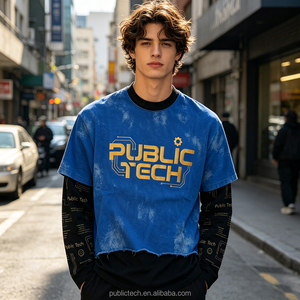 Bulk Custom Graphic Screen Print <b>Patchwork</b> Oversized Tee Casual Digital Print Monkey Wash Double-Layer Long Sleeved Men T <b>shirt</b> - Product Image 3
