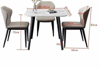 Moderner Quadratischer Esstisch für 4 Personen mit Marmormuster-Tischplatte und Grauen Stoffstühlen Schwarze Metallbeine für Esszimmer Café