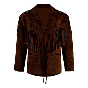 Veste en daim marron à franges pour homme, style western vintage, col rabattu, Tass - Product Image 1