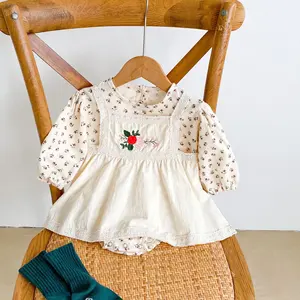 ベビーガールブティック服セット2022秋ベビーガール花刺繍ロンパーススカート