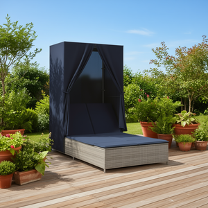 Chaise longue double en polyrotin gris, mobilier d'extérieur durable avec coussins de dossier inclus - Product Image 2