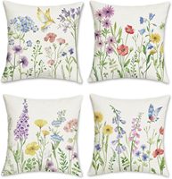 4 housses de coussin à ressort avec motif floral coloré de marguerites et d'oiseaux, adaptées à la décoration de la maison et de la terrasse extérieure