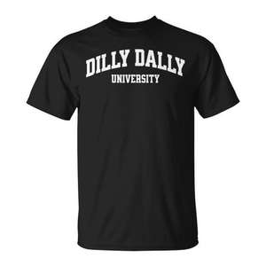 Camiseta universitaria Dilly Dally, camiseta promocional unisex negra para adultos - Product Image 1