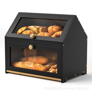 Boîte à pain en bambou, rangement de comptoir de cuisine en bois massif avec porte en verre pour conserver le pain - Product Image 1