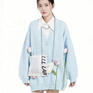 Veste pull pour femme personnalisée et élégante pour garçon Cardigan <span class=keywords><strong>mi</strong></span>-long en tricot à coupe ample avec bouton de décoration pour l'automne et l'hiver - Product Image 4