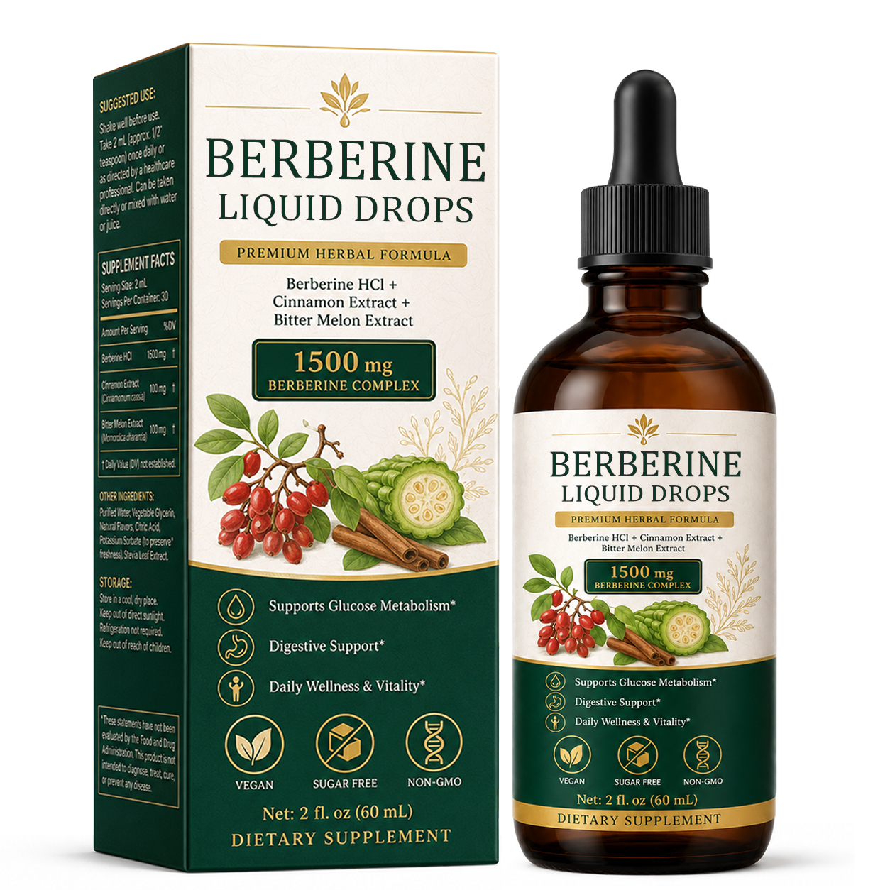 Hot Sale High Potency 60ML Vegan Berberine HCI Ceylon Cinnamon Bitter Melon Berberine Liquid Drops For Digestive Health Care