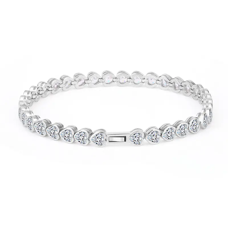 Factory Wholesale 4x4MM Bezel Set Heart CZ Tennis Chain Bracelet High Quality White Gold Plated 925 Silver Fine Jewelry