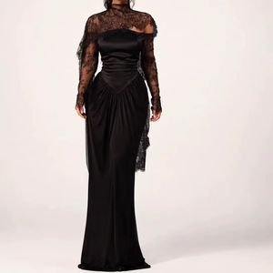 Fabricación <span class=keywords><strong>de</strong></span> Ropa OEM, Vestido Personalizado Negro con Cuello Alto, Corsé <span class=keywords><strong>de</strong></span> Encaje y Malla, <span class=keywords><strong>Vestidos</strong></span> Largos <span class=keywords><strong>de</strong></span> <span class=keywords><strong>Fiesta</strong></span> - Product Image 1