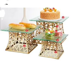 Banquet buffet elevation countertop food display stand stainless steel display rack stand luxury gold table riser with glass top