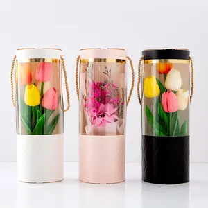 Portable PVC Transparent Window Cylinder Flower Box Transparent PVC Window Simulated Flowers Valentine Day Flower Packaging Box