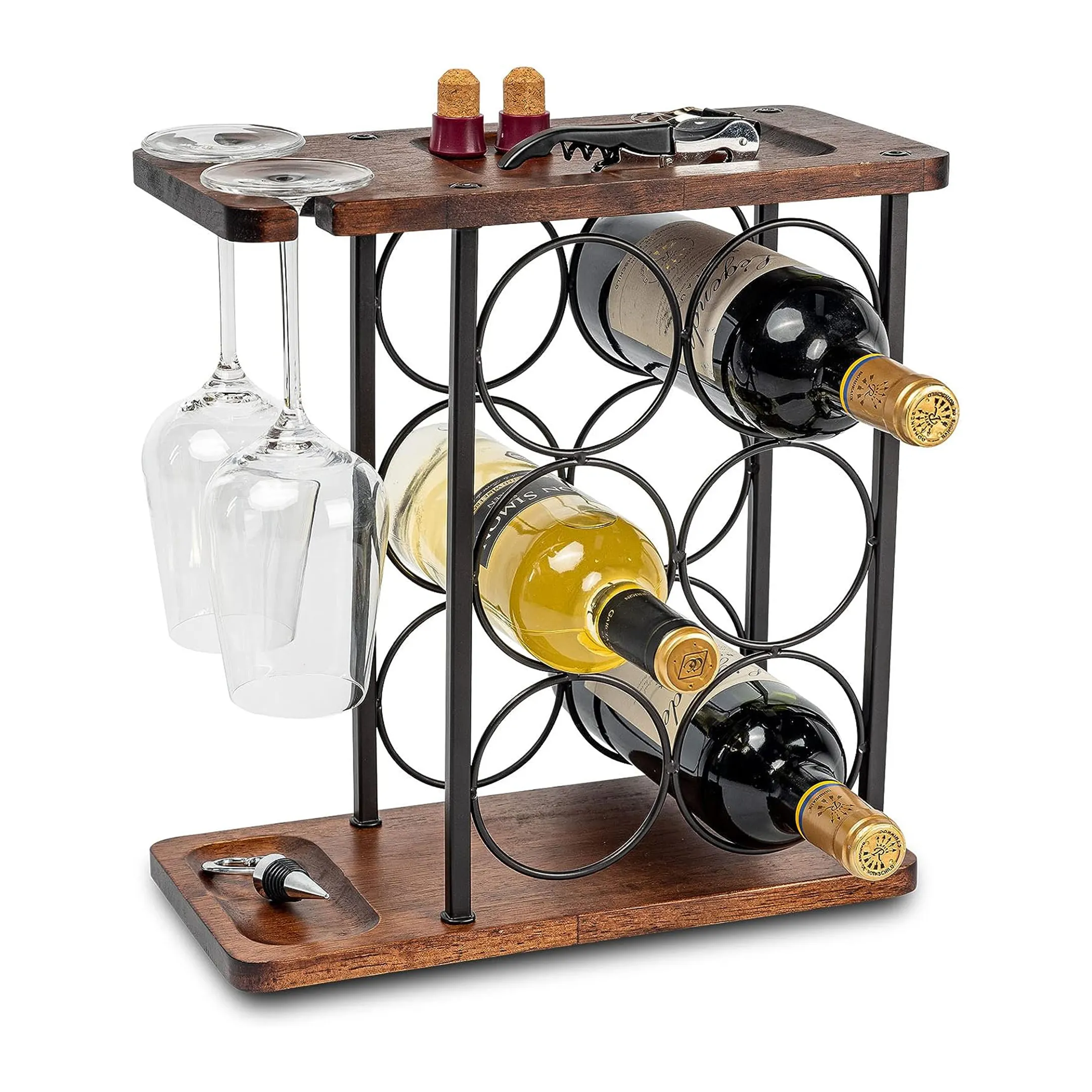 Rack de vinho em madeira natural com suporte de vidro, suporte de madeira para vinho, bancada, bandeja, decoração de casa e cozinha, suporte para vinho