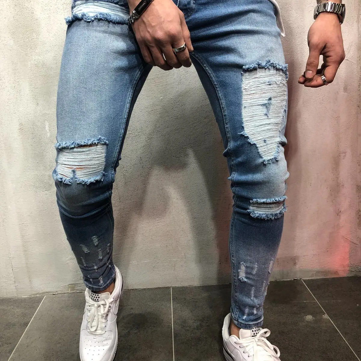 Синие джинсы, мужские классические потертые синие джинсы на заказ, джинсовые брюки скинни большого размера, джинсовые брюки, Брендовые джинсовые мужские джинсы