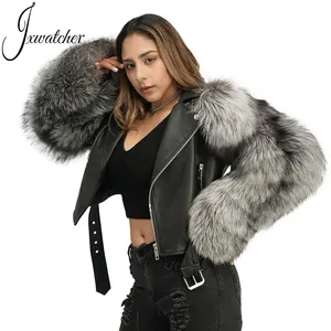 Wholesale Fashion Design Hot-selling Leather Jacket Women Real Sheep Leather Custom Spring 100% Real Silver Fox Fur Leather Jac