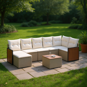Ensemble de canapés de jardin modulaires en rotin beige avec coussins en mousse haute densité pour espaces extérieurs, design contemporain - Product Image 2