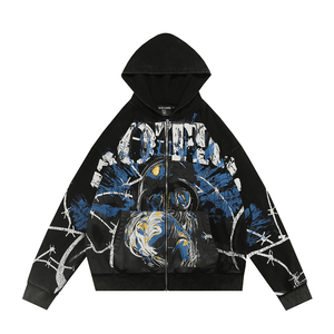 Felpa con Cappuccio Oversize da Uomo in Cotone 100% con Zip e Stampa Grafica 'Mixed Emotion', Giacca Streetwear Nera con Stampa Maschera Antigas e Filo Spinato - Product Image 2