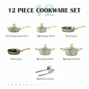 <span class=keywords><strong>MAISON</strong></span> ARTS Ensemble de 12 casseroles et poêles antiadhésives en granit avec couvercles en verre, compatibles induction, vert, batterie de cuisine incluant les ustensiles - Product Image 6
