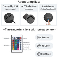 Base de lampe LED 3D RGB nocturne à piles, télécommande, ronde, noire et blanche, alimentation USB, pour acrylique