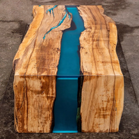 Table à manger en bois antique moderne avec table basse Blue Rive Double cascade Bord vif en résine époxy pour hôtel Meubles de maison