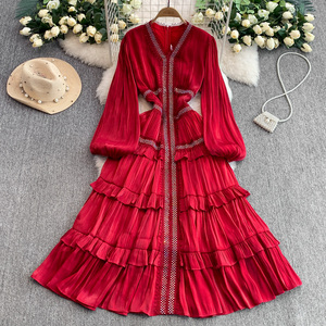 Abito Vintage con Scollo a V in Pizzo, Elegante <span class=keywords><strong>Vestito</strong></span> Lungo da Donna con <span class=keywords><strong>Maniche</strong></span> a Lanterna e Orlo a Strati Glitterato per un Look Retrò e Aderente - Product Image 2