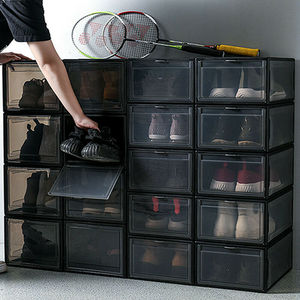 Transparent Storage Black Large Drop Front Shoe Box Stackable Plastic Shoebox