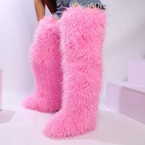 Moda uyluk yüksek kürk çizmeler diz üzerinde kabarık yüksek çizmeler kadınlar için uzun kürklü ayakkabı - Product Image 4