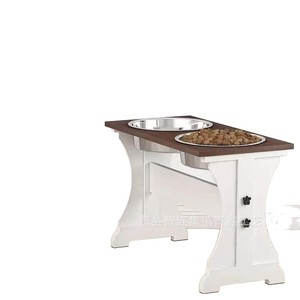 Comedero para mascotas de madera blanca estilo francés con soporte elevado de acero inoxidable y doble tazón para gatos y perros - Product Image 2
