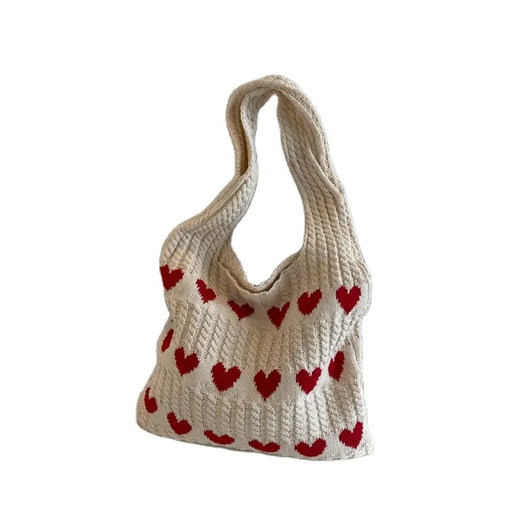 2024 Atacado Tecido Crochet Malha Mão Tote Bag Múltiplas Senhoras Malha Praia Sacos Dia Dos Namorados Red Heart Shopping bolsa