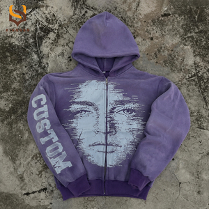 Custom Heavyweight DTG Printed <b>Zip</b> up Men Acid Wash Hoodie Manufacturer 400GSM Oversized Baggy Hip Hop Hoodie - Product Image 1