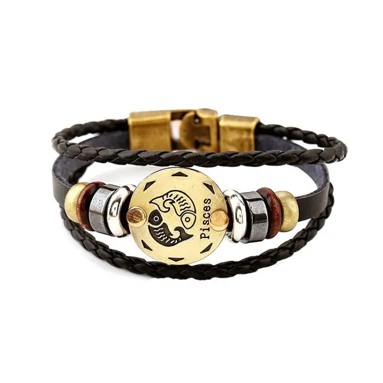 Braunes Leder Sternzeichen Geflochtenes Seil Mehr schicht iges verstellbares Handgelenkmanschetten-Perlen armband für Unisex