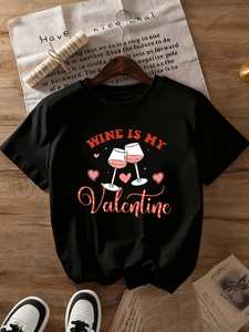 T-shirt stampata da donna 'Wine Is My Valentine', casual e giocosa per San Valentino, manica corta, girocollo, 100% cotone jersey - Product Image 3