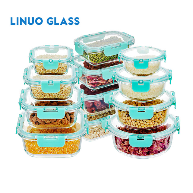 12 Pack Leakproof Microwave Freezer Saf Kitchen Storage Glass Lunch Box Set Glass Food Container With Lid for Food Storage