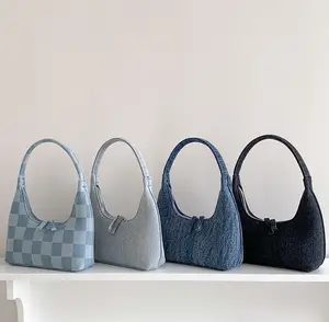 Bolso de hombro informal de moda coreana para mujer, bolso de lona vaquera con cremallera de tablero de ajedrez, bolso de hombro de alta calidad para axilas