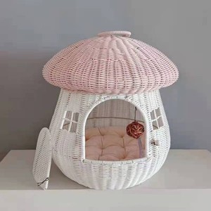 Rattan Woven Pet Bed Mushroom Shape Breathable <b>Cat</b> Dog Bed Indoor Outdoor Use Round Design - Product Image 2