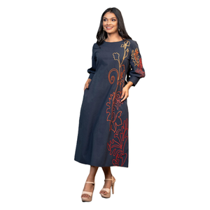 Vestido Elegante Premium Azul Marino con Mangas Abullonadas y Bordado Floral, Ropa para Mujer al por Mayor - Product Image 2
