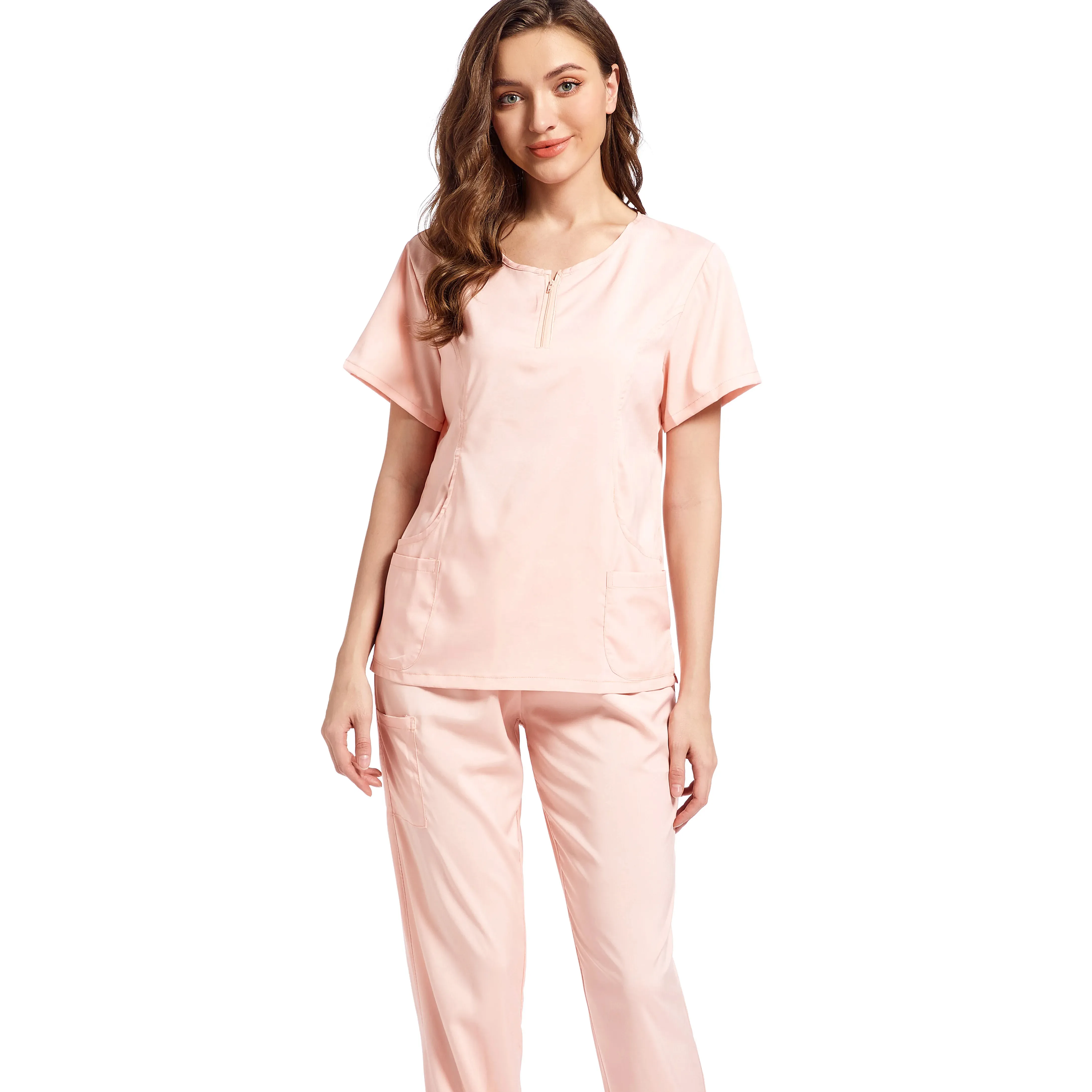 Lichtroze Scrubs Uniforms Mannen Mode Sets Korte Mouw Pak Dokter Ziekenhuis Medisch Elastisch Verpleging Scrubs Voor Vrouwen