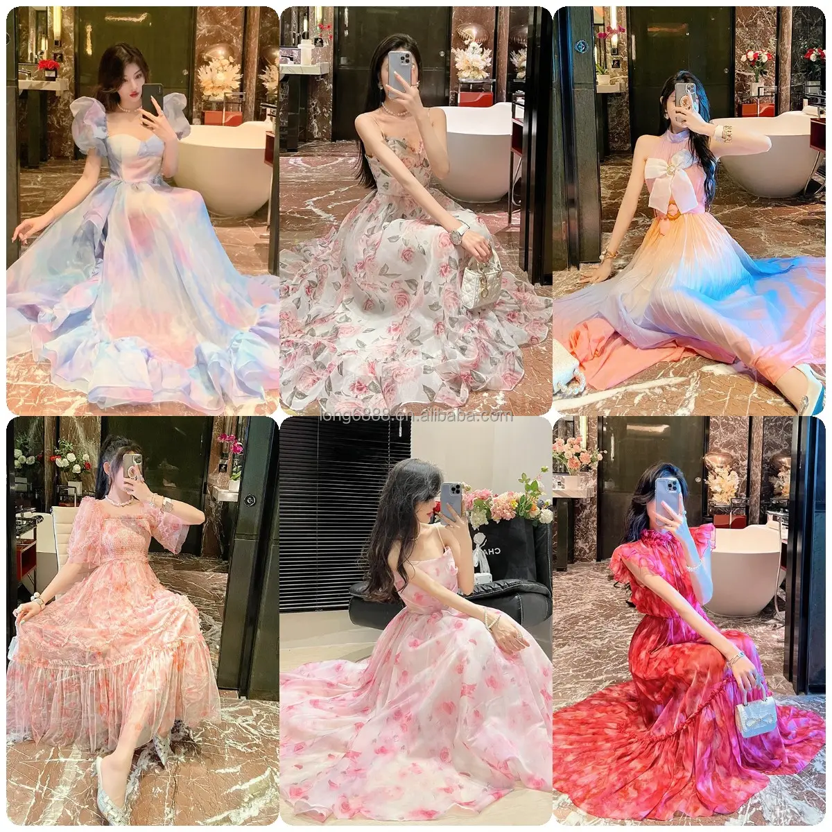 أزياء كورية فستان صيفي من الدانتيل الشيفون كلاسيكي ياقة مربعة الأزهار كم الأميرة عالية الخصر فستان كاجوال حلو