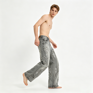 Jeans Larghi da <span class=keywords><strong>Uomo</strong></span> Streetwear con Ricamo Gotico a Croce e Stella e Orlo Grezzo per Brand di Moda - Product Image 2