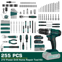 Ensemble d'outils de perçage sans fil au lithium 21V de 255 pièces avec coffret, kit d'entretien pour la maison