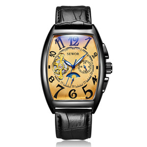 SEWOR Nuovo <span class=keywords><strong>Orologio</strong></span> Meccanico <span class=keywords><strong>Automatico</strong></span> Tourbillon Tonneau Nero e Oro con <span class=keywords><strong>Cinturino</strong></span> in Vera <span class=keywords><strong>Pelle</strong></span> per Uomo - Product Image 5