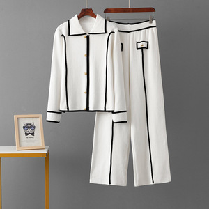 Wholesale Custom Elegant Knitted 2 Piece Cardigan Pants <b>Set</b> Sweater for Women Autumn Office Wear - Product Image 5