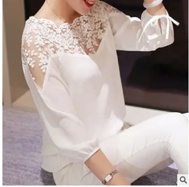 Hot selling New White Black Women Top Lady Long Sleeve Hollow Lace Casual Tops Chiffon Blouse with low price