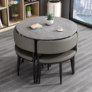 GEDO Light Luxury Customized PU <strong>Leather</strong> <strong>Chair</strong> <strong>Dining</strong> Room <strong>Sets</strong> Round Rock Plate <strong>Dining</strong> Table with <strong>4</strong> <strong>Chairs</strong> <strong>Set</strong> - Product Image 1