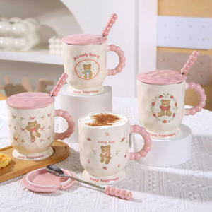 Tasse en céramique ours mignon rose avec couvercle et poignée de perle cuillère tasse coeur girly tasse bureau après-midi tasse à thé - Product Image 1