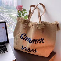 Sac de plage bohème pour femme en toile, 2 pièces MOQ, avec pompons, sac à main pour femme, utilisation en extérieur