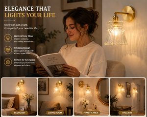 Artisan Golden Wall Sconce With Fluted Bell Glass Shade Turn <strong>Knob</strong> Switch for Bedroom Warm Cozy Ambient Lighting - Product Image 2