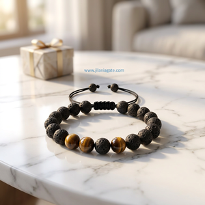 Bracelet ajustable en pierre de lave polie et œil de tigre, perles en pierre naturelle, diffuseur d'aromathérapie Feng Shui, bijoux du Gujarat - Product Image 5