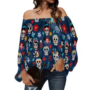 Sugar Skull Images Cute Skeleton Colorful Flower Print Custom Plus Size Women's Blouses & Shirts Women's Tops Off the Shoulder